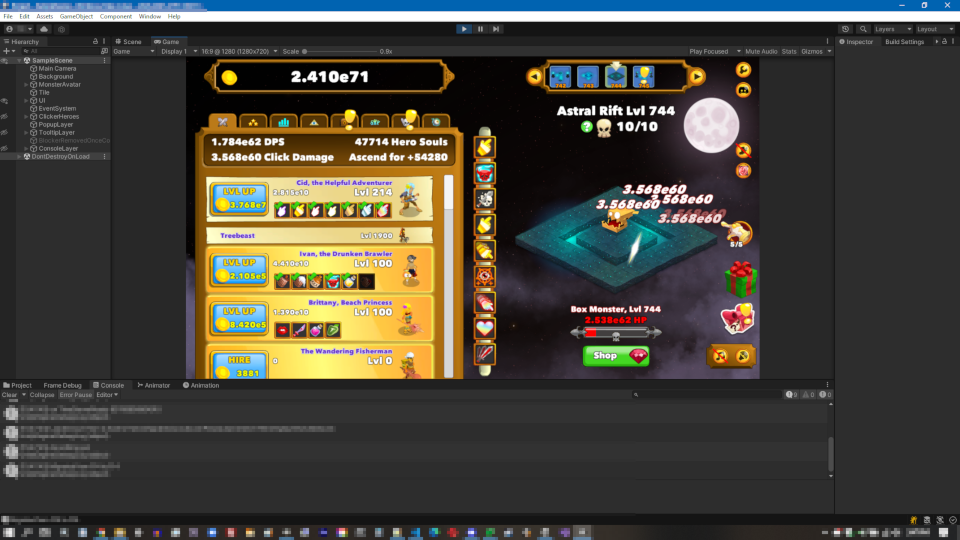 A version of Clicker Heroes running in the Unity game editor.